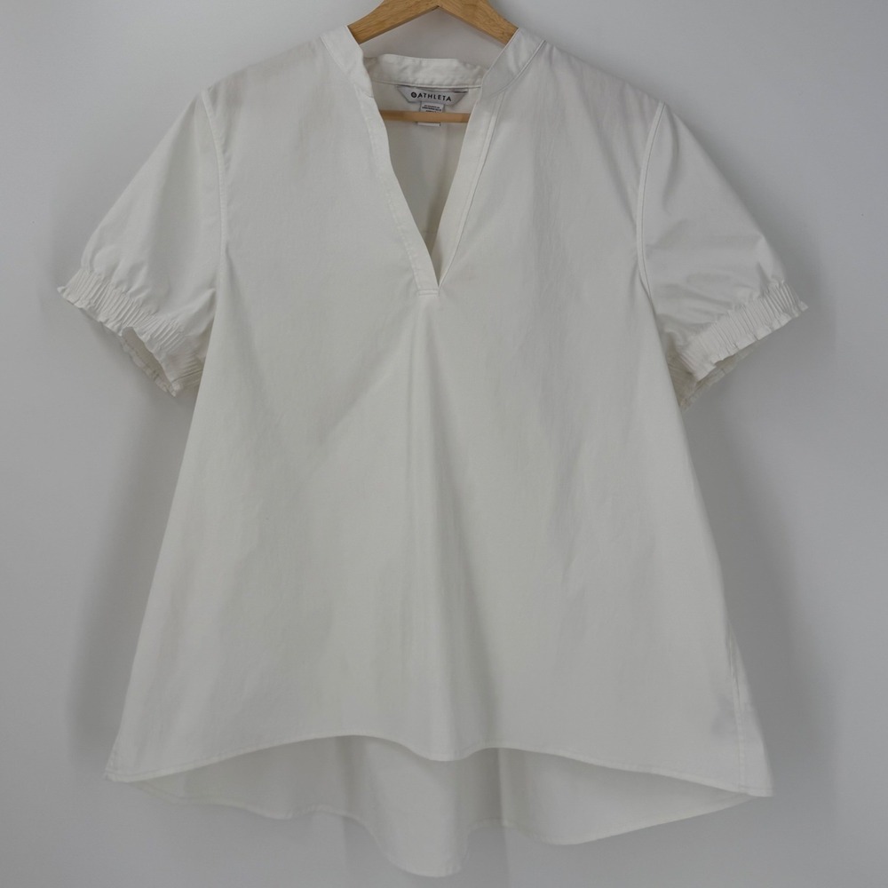 Athleta Levitate Poplin Tee Womens Medium White V-Neck Smocked Puff Sleeve Top